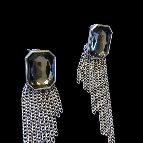 Large Smoky Quartz Colored Stone W/Brilliance Cutting and Dangle Chains Earrings - Picture 2 of 6